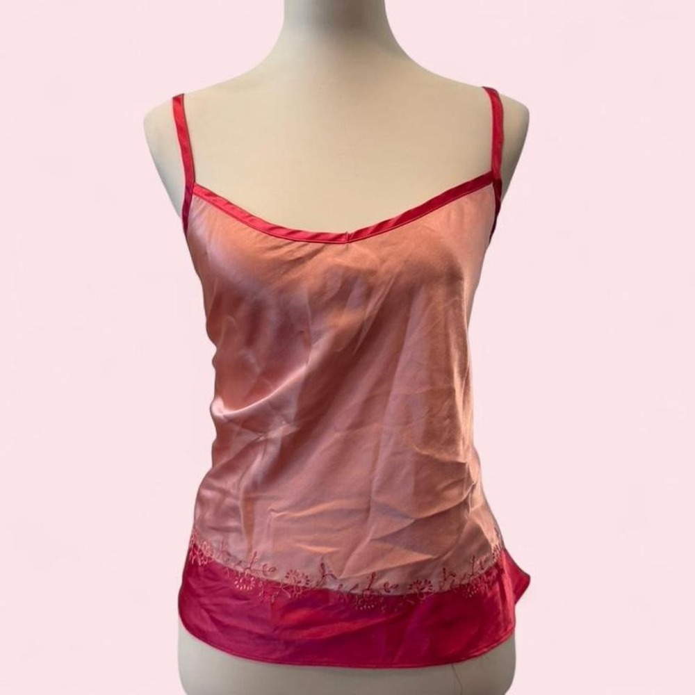 Y2K Secret Sleepwear Pink & Red Satin Cami Top Floral Embroidery Contrast Trim L